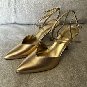 Gold Pointed-Toe Ankle-Strap Pumps